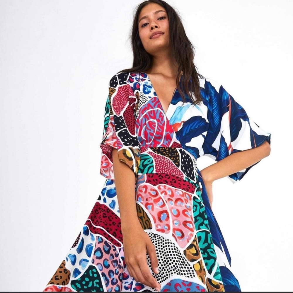 Farm Rio Abstract/blue palms wrap dress Small